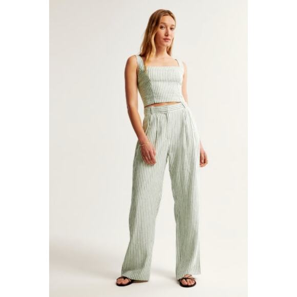 Women's Abercrombie & Fitch Sloane Linen Blend Wide Leg Trouser in Green Stripe - Picture 1 of 6